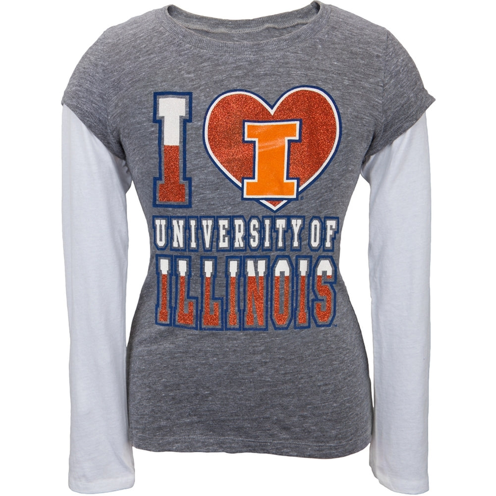 Illinois Fighting Illini - Glitter Heart Girls Youth 2fer Long Sleeve T-Shirt Youth Long Sleeves Illinois Fighting Illini 14 Grey 