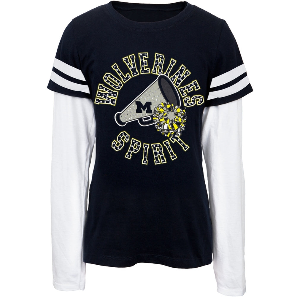 Michigan Wolverines - Rhinestone Spirit Girls Youth 2fer Long Sleeve T-Shirt Youth Long Sleeves Michigan Wolverines 18 Blue 