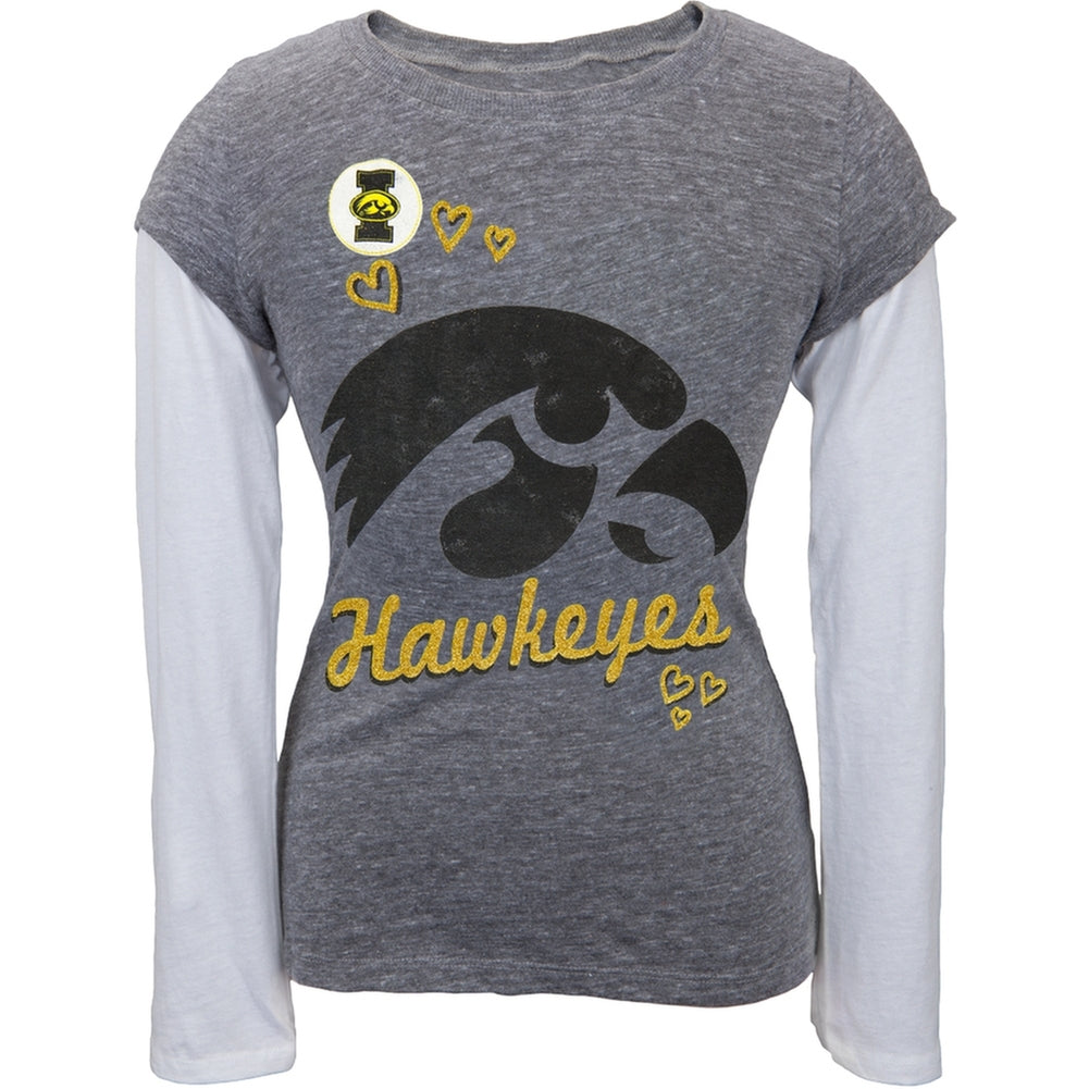 Iowa Hawkeyes - Glitter Hearts Girls Youth 2fer Long Sleeve T-Shirt Youth Long Sleeves Iowa Hawkeyes 14 Grey 