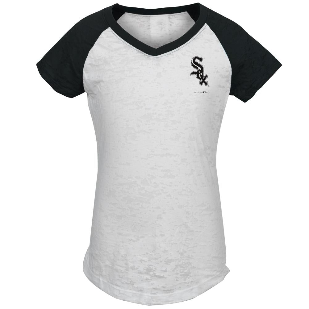 Chicago White Sox - #1 Girls Juvy Burnout V-neck Raglan Juvenile T-Shirts Chicago White Sox J6 White