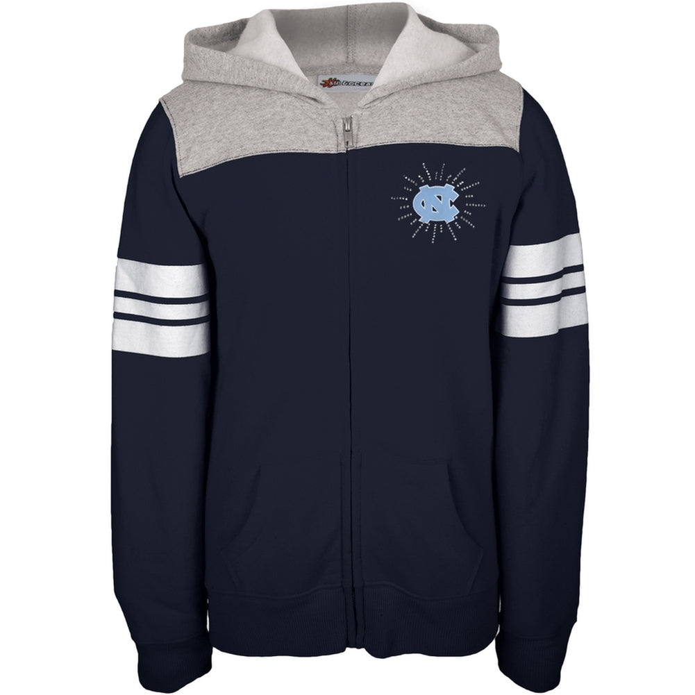 N. Carolina Tar Heels - Rhinestone Rays Logo Girls Juvy Zip Hoodie Juvenile Hoodies North Carolina Tar Heels J6 Blue 