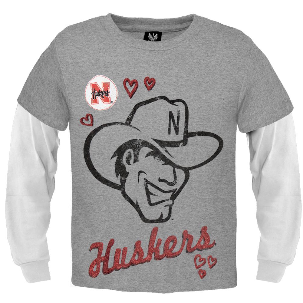 Nebraska Huskers - Glitter Hearts Juvy Burnout Soft 2fer Long Sleeve T-Shirt Juvenile Long Sleeves Nebraska Cornhuskers J6 Grey 