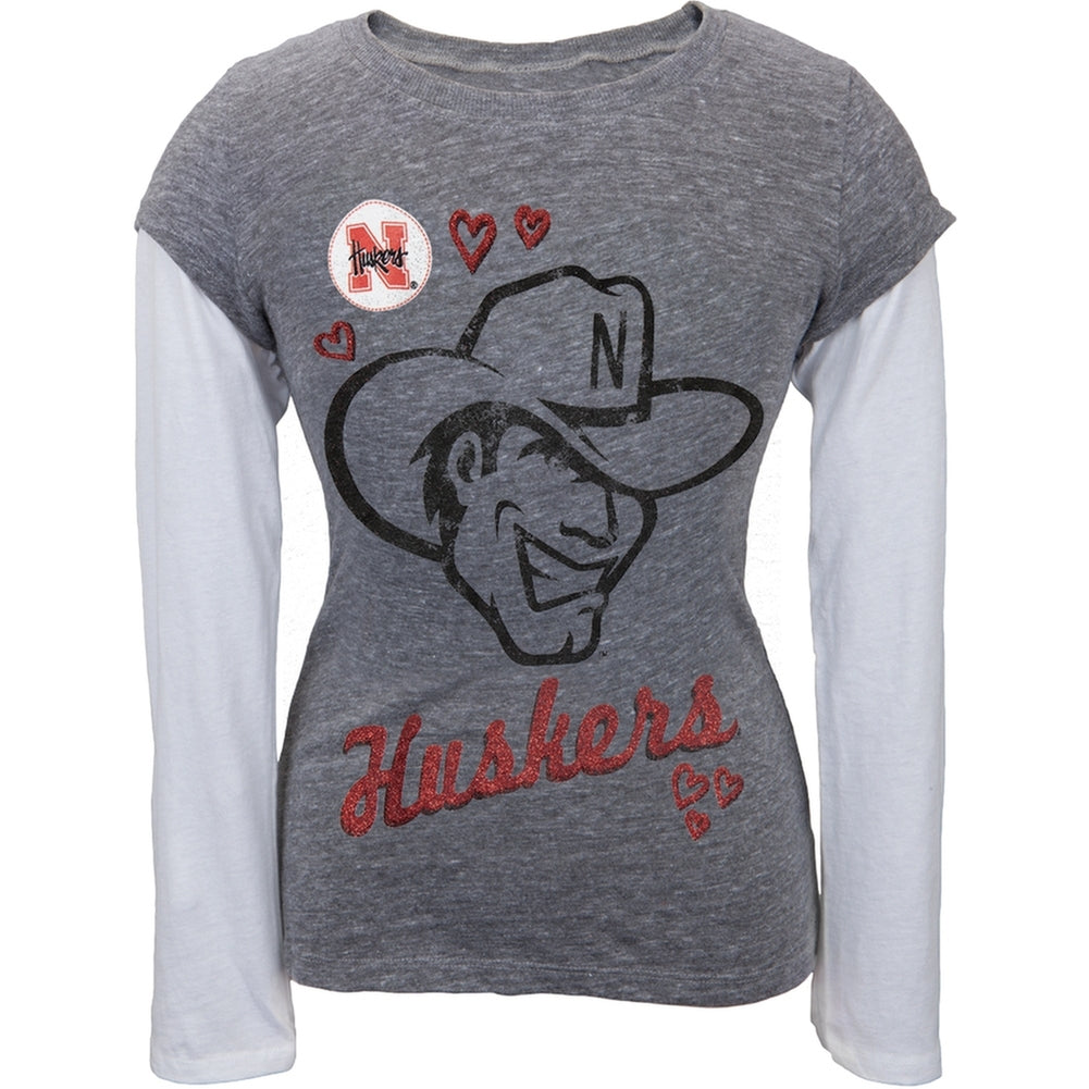 Nebraska Huskers - Glitter Hearts Girls Youth Soft 2fer Long Sleeve T-Shirt Youth Long Sleeves Nebraska Cornhuskers 14 Grey 