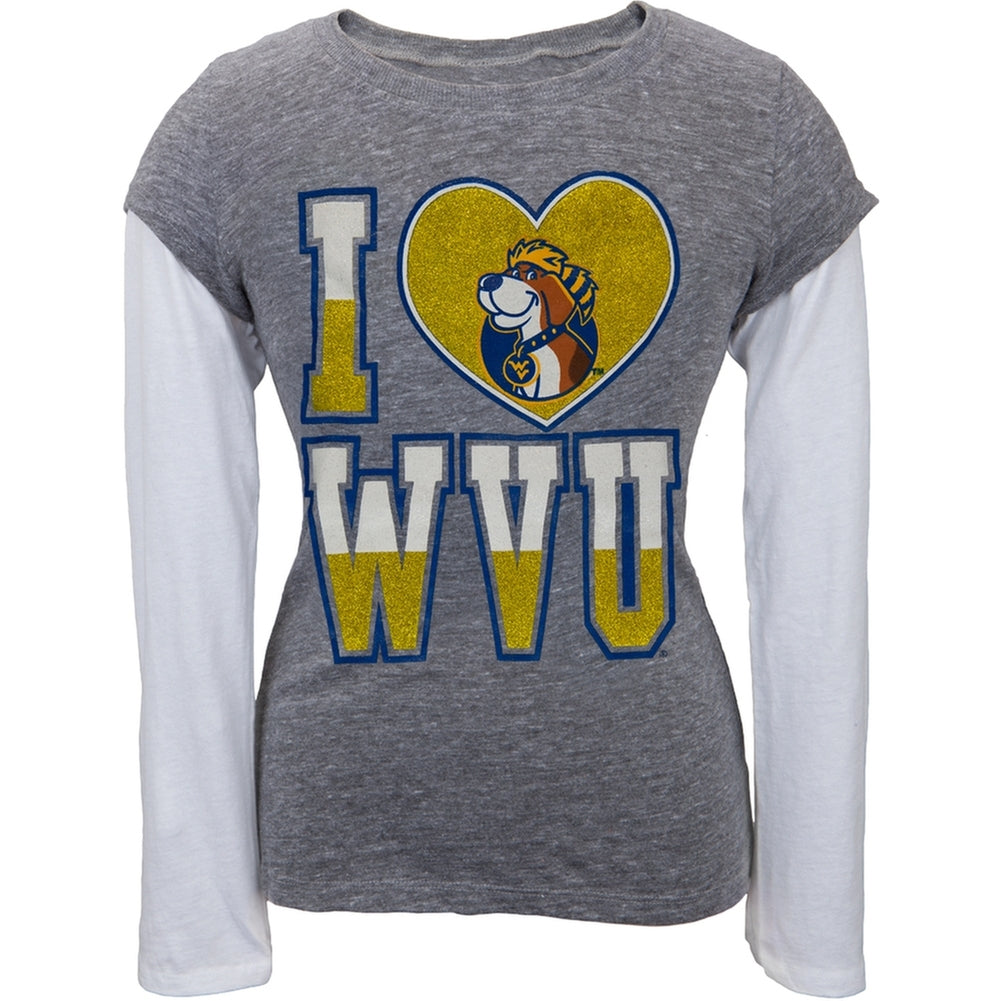 West Virginia Mountaineers - Glitter I Heart Youth 2fer Long Sleeve T-Shirt Youth Long Sleeves West Virginia Mountaineers 16Y Grey 