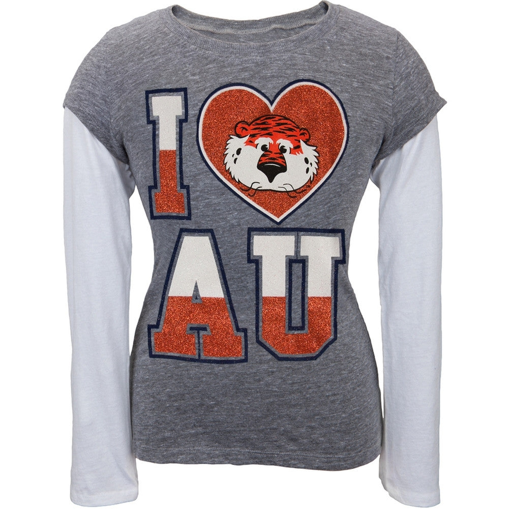 Auburn Tigers - Glitter I Heart Logo Girls Youth 2fer Long Sleeve T-Shirt Youth Long Sleeves Auburn Tigers   