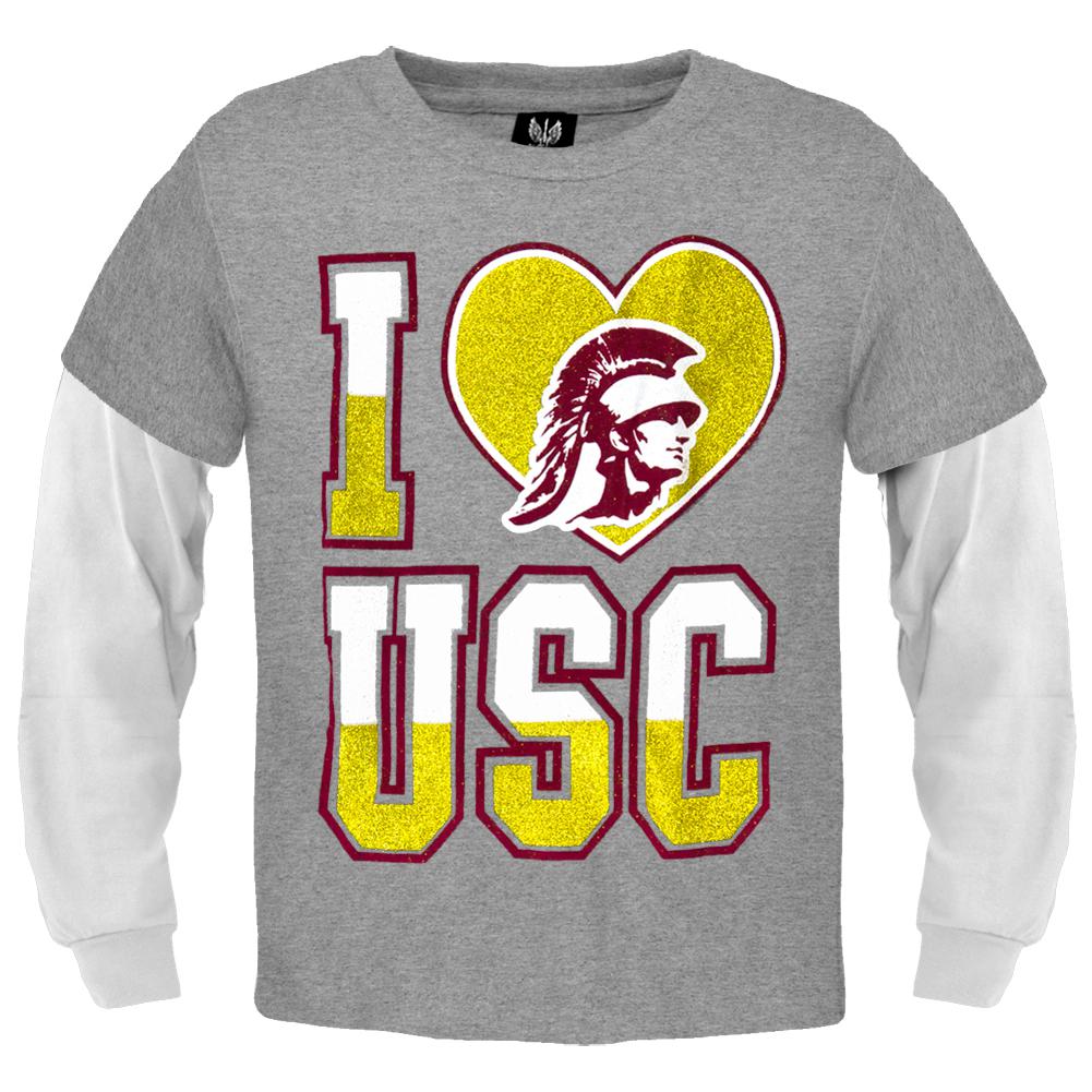 USC Trojans - Glitter I Heart Logo Girls Juvy Soft 2fer Long Sleeve T-Shirt Juvenile Long Sleeves USC Trojans J6 Grey 