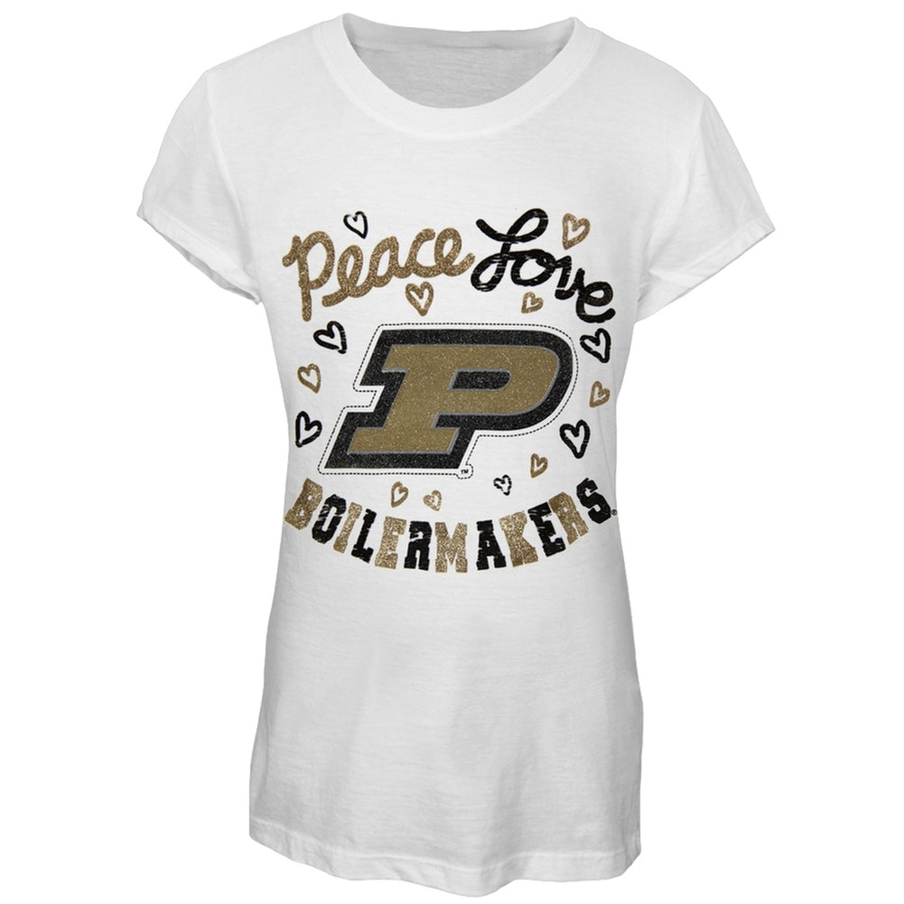 Purdue Boilermakers - Peace Glitter Logo Girls Juvy T-Shirt Juvenile T-Shirts Purdue Boilermakers J6 White 