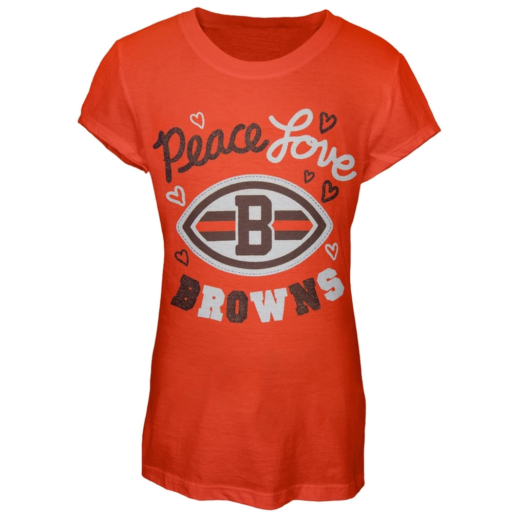 Cleveland Browns - Glitter Peace Love Logo Girls Juvy T-Shirt Juvenile T-Shirts Cleveland Browns J6/7 Orange 