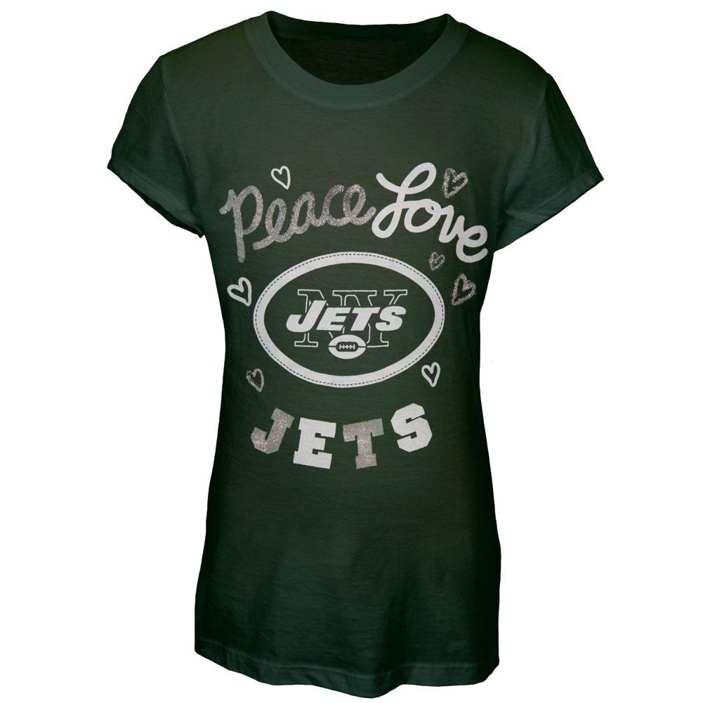 New York Jets - Glitter Peace Love Logo Youth NFL T Shirt Youth T-Shirts New York Jets 12-14 Green