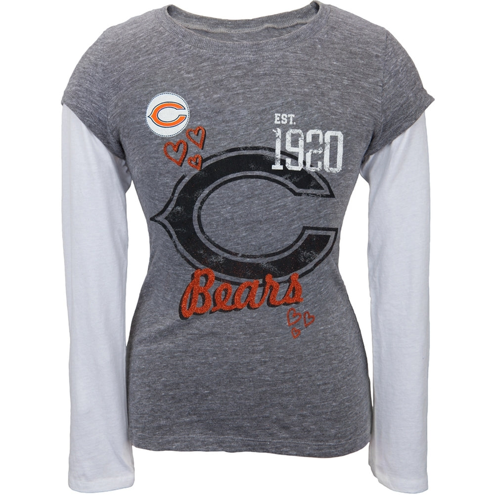 Chicago Bears - Glitter Hearts Girls Youth 2fer Long Sleeve T-Shirt Youth Long Sleeves Chicago Bears 20 Grey 
