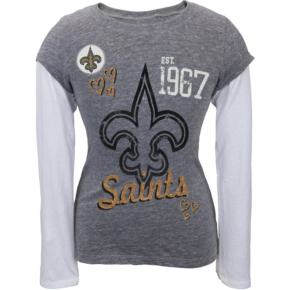 New Orleans Saints - Glitter Hearts Girls Youth 2fer Long Sleeve T-Shirt Youth Long Sleeves New Orleans Saints 16/18Y Grey 