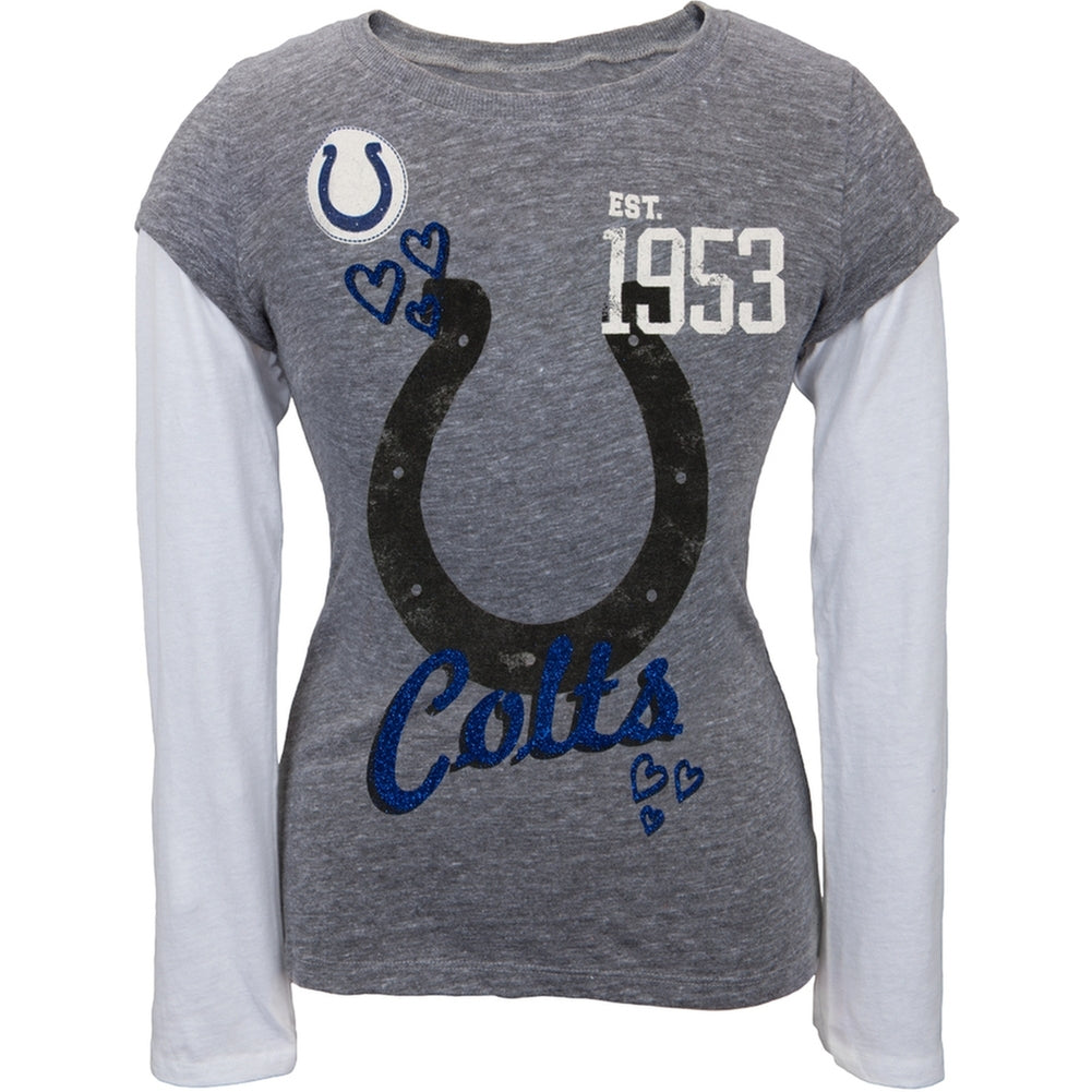Indianapolis Colts - Glitter Hearts Girls Youth 2fer Long Sleeve T-Shirt Youth Long Sleeves Indianapolis Colts 16/18Y Grey 