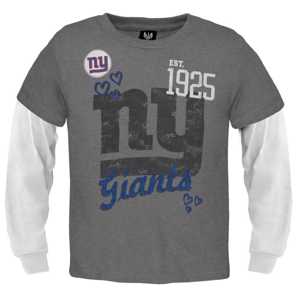 New York Giants - Glitter Hearts Girls Juvy 2fer Long Sleeve T-Shirt Juvenile Long Sleeves New York Giants J6/7 Grey 