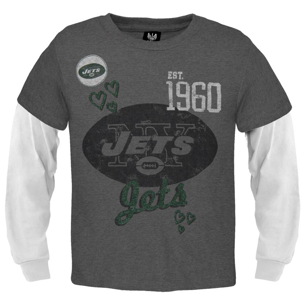 New York Jets - Glitter Hearts Girls Juvy 2fer Long Sleeve T-Shirt Juvenile Long Sleeves New York Jets J6/7 Grey 