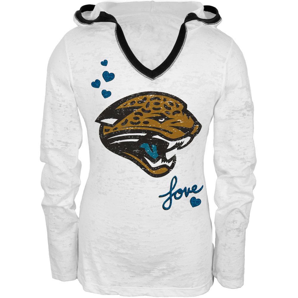 Jacksonville Jaguars - Hearts Girls Youth Burnout Hooded Long Sleeve T-Shirt Youth Long Sleeves Jacksonville Jaguars 16/18Y White 