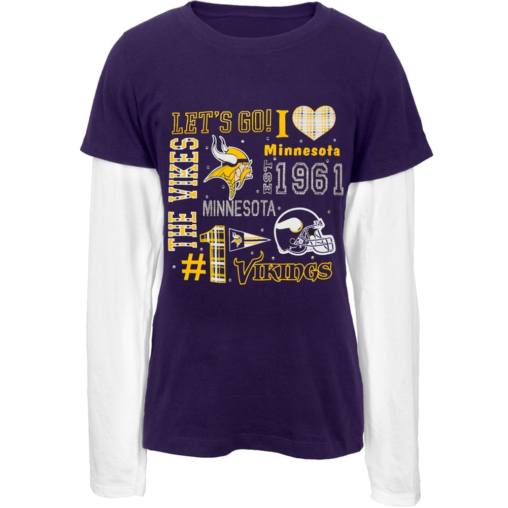 Minnesota Vikings - Rhinestone Spirit Girls Youth 2fer Long Sleeve T-Shirt Youth Long Sleeves Minnesota Vikings 12-14 Purple