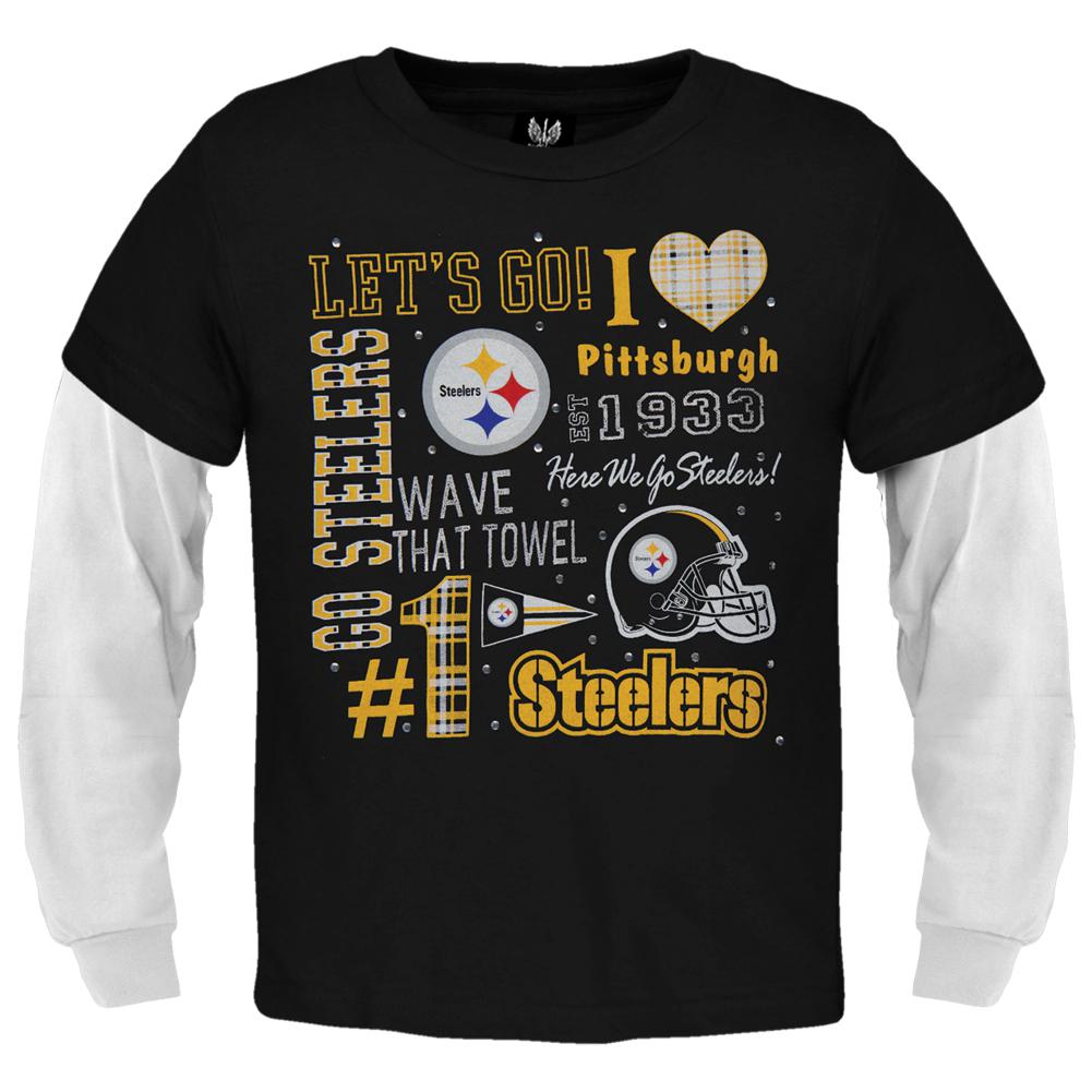 Pittsburgh Steelers - Rhinestone Spirit Girls Youth 2fer Long Sleeve T-Shirt Youth Long Sleeves Pittsburgh Steelers 16-18 Black