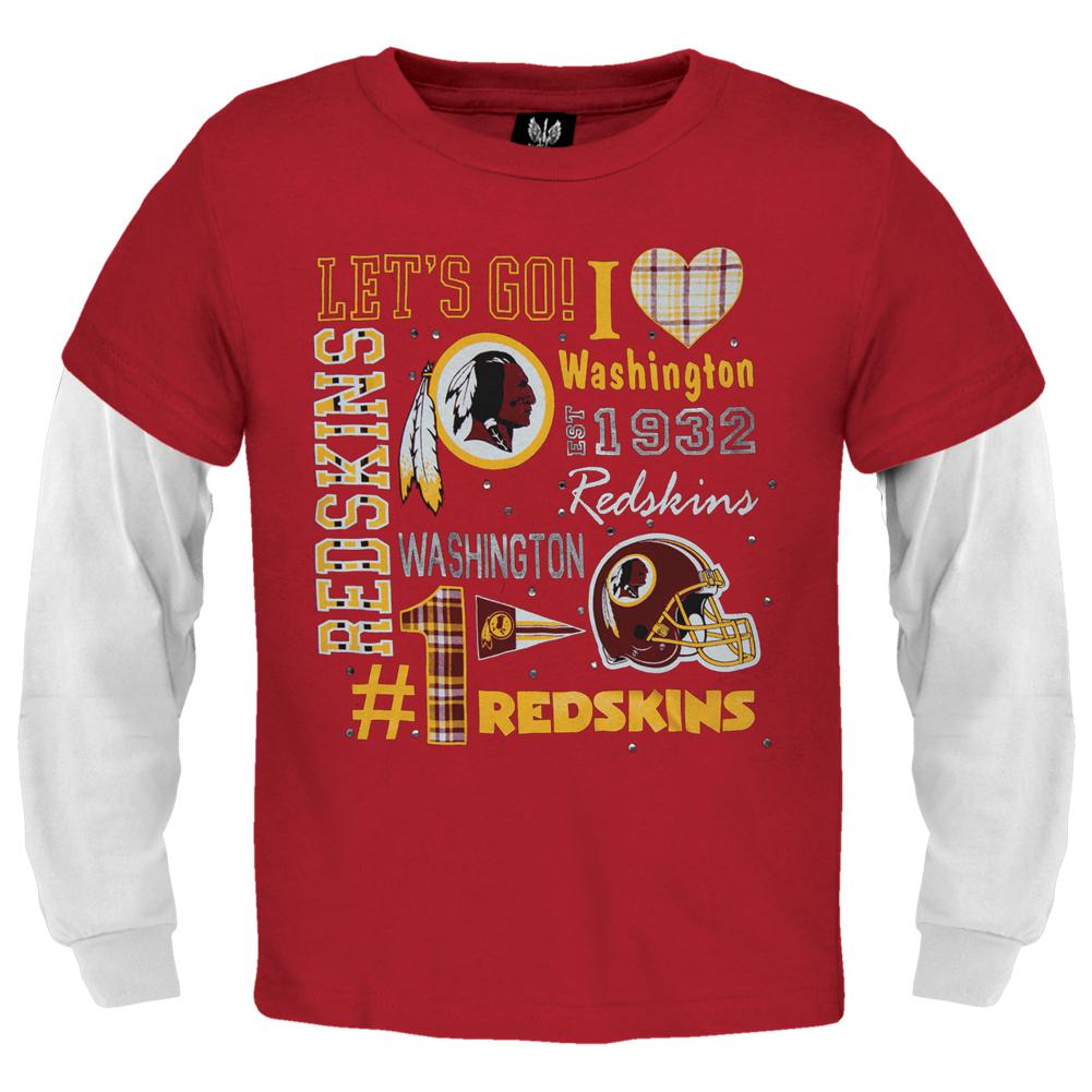 Washington Redskins - Rhinestone Spirit Girls Youth 2fer Long Sleeve T-Shirt Youth Long Sleeves Washington Redskins 10-Aug Red