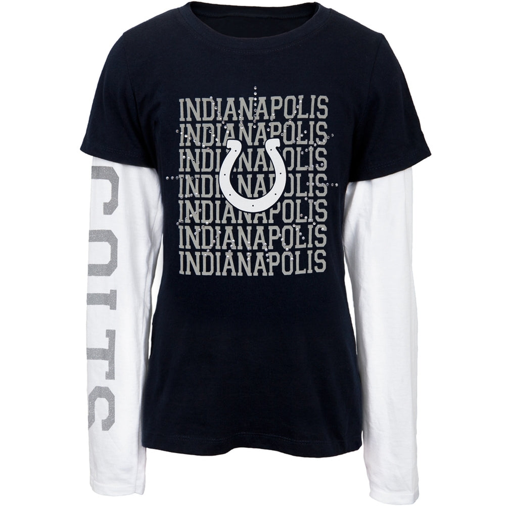 Indianapolis Colts - Jewel Team & Logo Girls Youth 2fer Long Sleeve NFL T Shirt Youth T-Shirts Indianapolis Colts 12-14 Blue