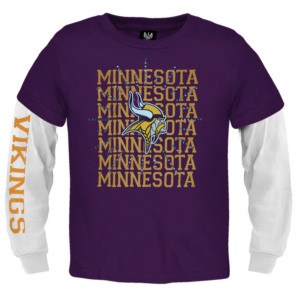 Minnesota Vikings - Jewel Team & Logo Girls Youth 2fer Long Sleeve NFL T Shirt Youth T-Shirts Minnesota Vikings 14-Dec Purple 