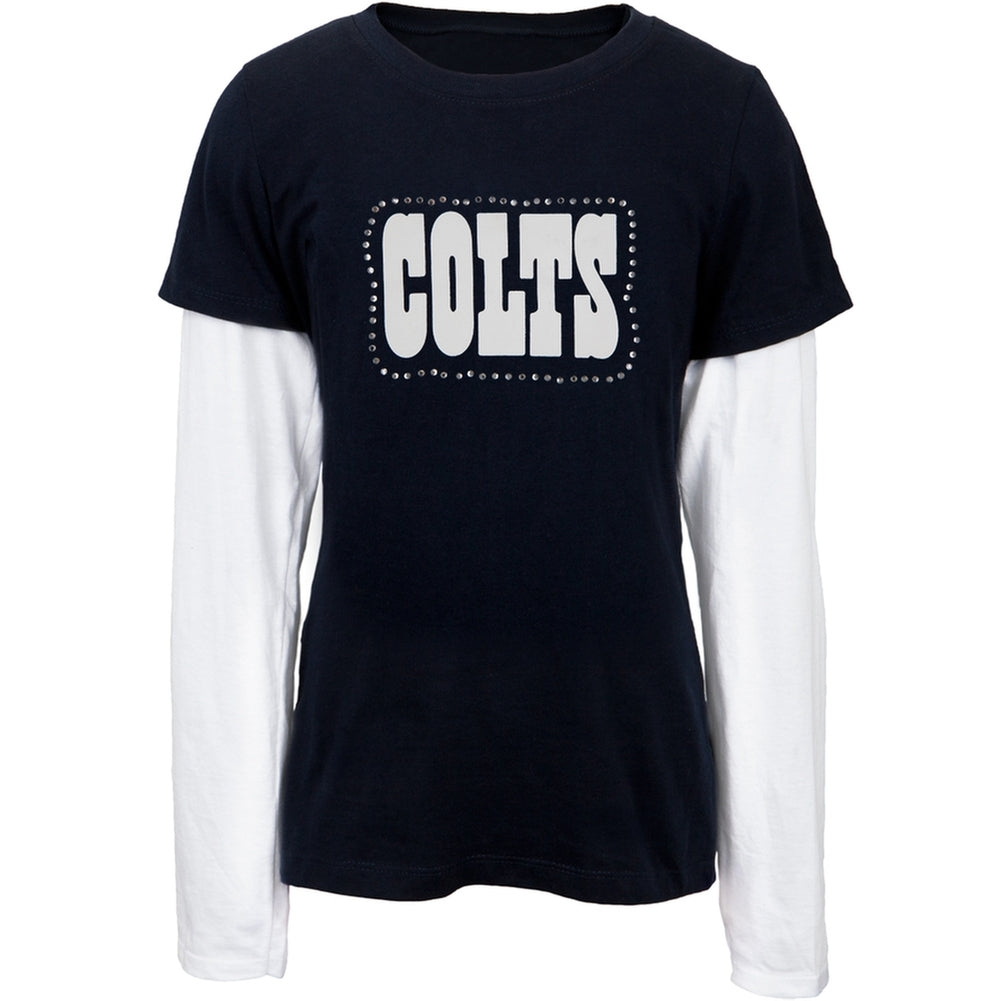 Indianapolis Colts - Jewel Team Name Girls Youth 2fer Long Sleeve NFL T Shirt Youth T-Shirts Indianapolis Colts 14-Dec Black