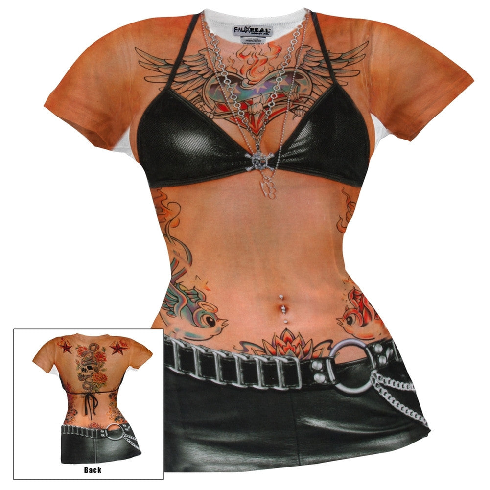 Faux Real - Black Leather & Tattoo Juniors Costume T-Shirt Juniors T-Shirts Faux Real MD Multi 