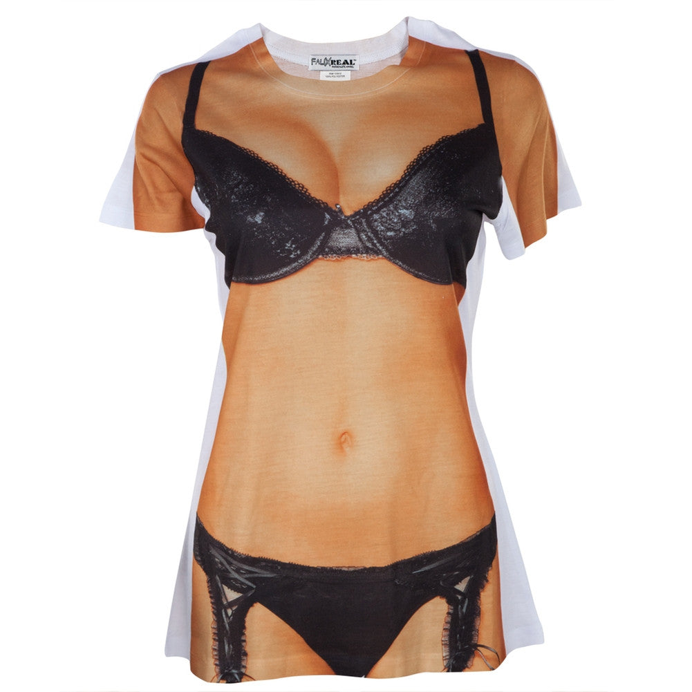Faux Real - Sexy Lingerie Model Juniors Costume T-Shirt Juniors T-Shirts Faux Real LG Multi