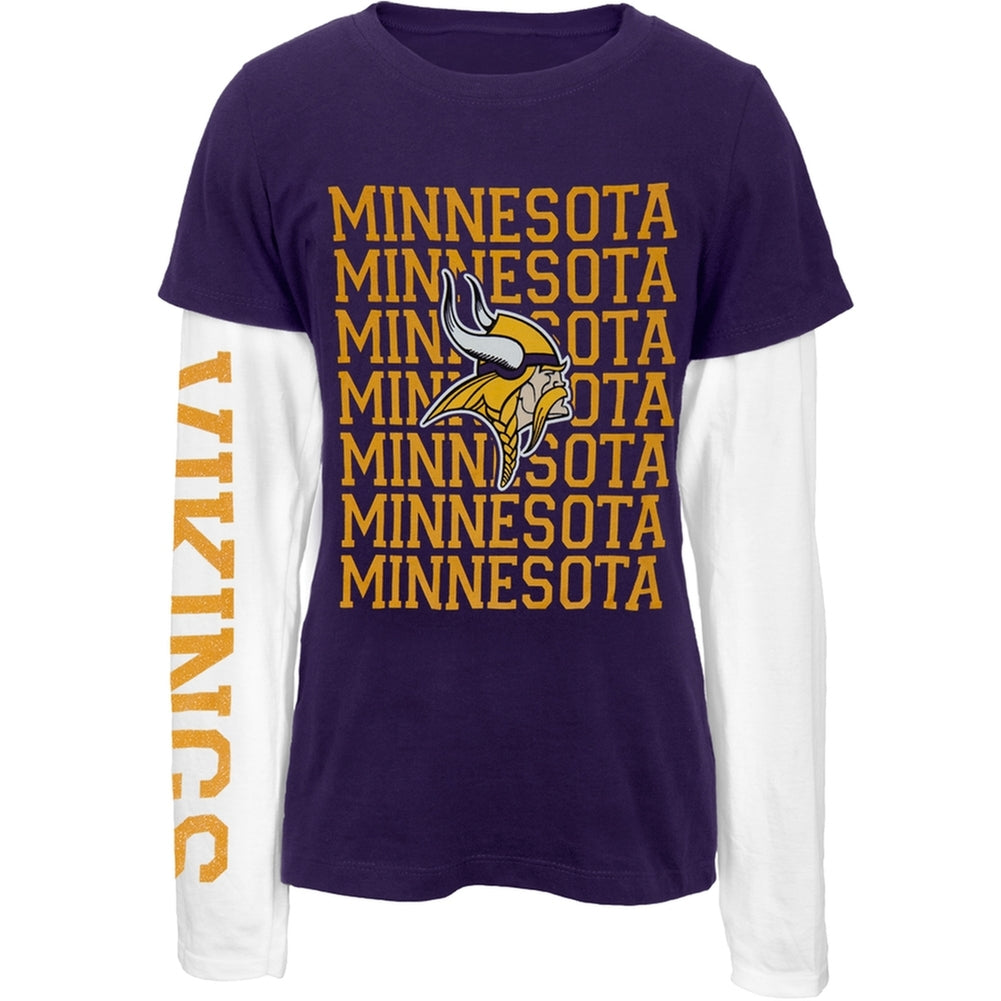Minnesota Vikings - Team & Logo Girls Youth 2Fer Long Sleeve T-Shirt Youth Long Sleeves Minnesota Vikings 14-Dec Purple