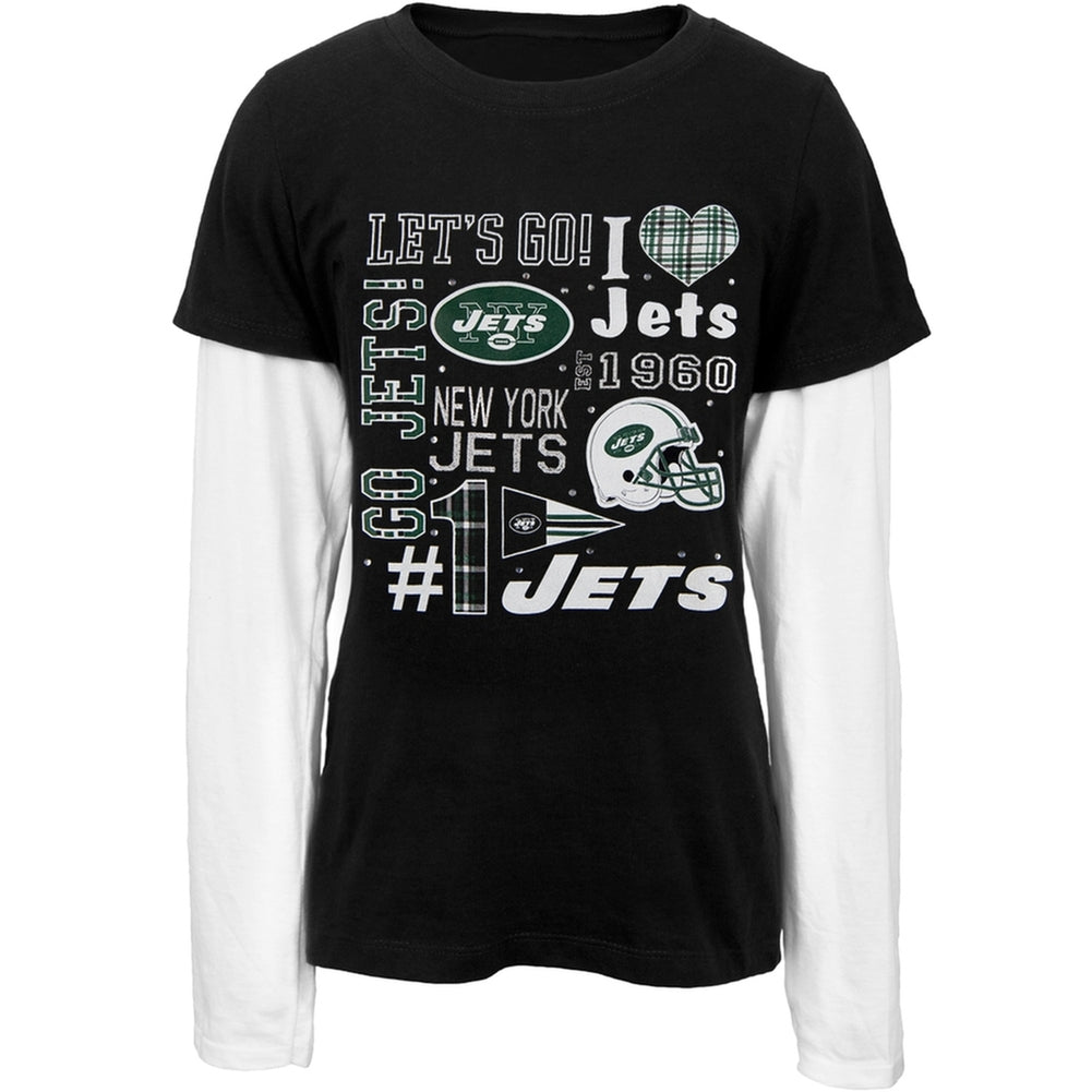 New York Jets - Rhinestone Spirit Girls Youth 2Fer Long Sleeve T-Shirt Youth Long Sleeves New York Jets 14-Dec Black