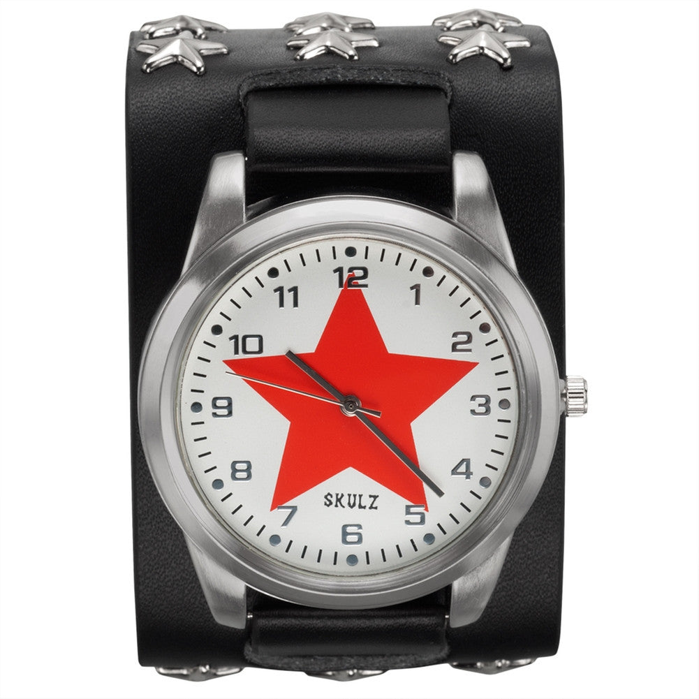 Red Star on White - Leather Strap Watch with Star Studs Watches Old Glory   