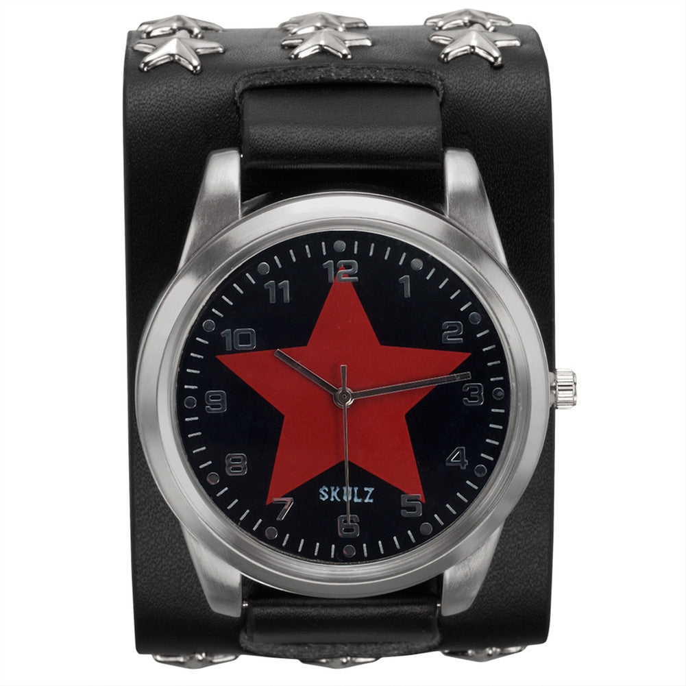 Red Star on Black - Leather Strap Watch with Star Studs Watches Old Glory   