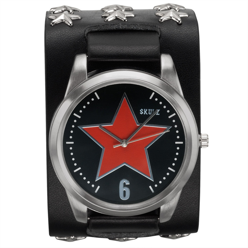 Red Star Outlined on Black - Leather Strap Watch with Star Studs Watches Old Glory   