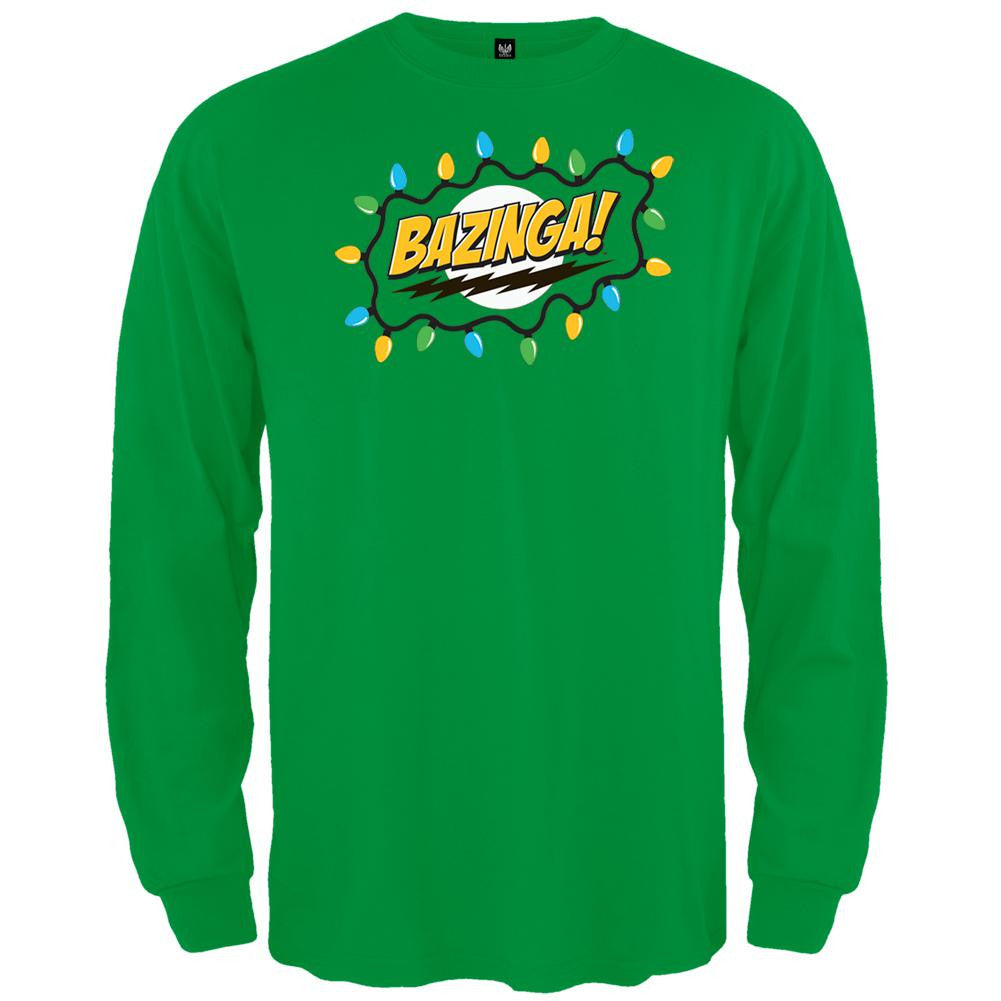 Big Bang Theory - Christmas Lights Bazinga Mens Green Long Sleeve T Shirt Men's Long Sleeves Big Bang Theory SM Green