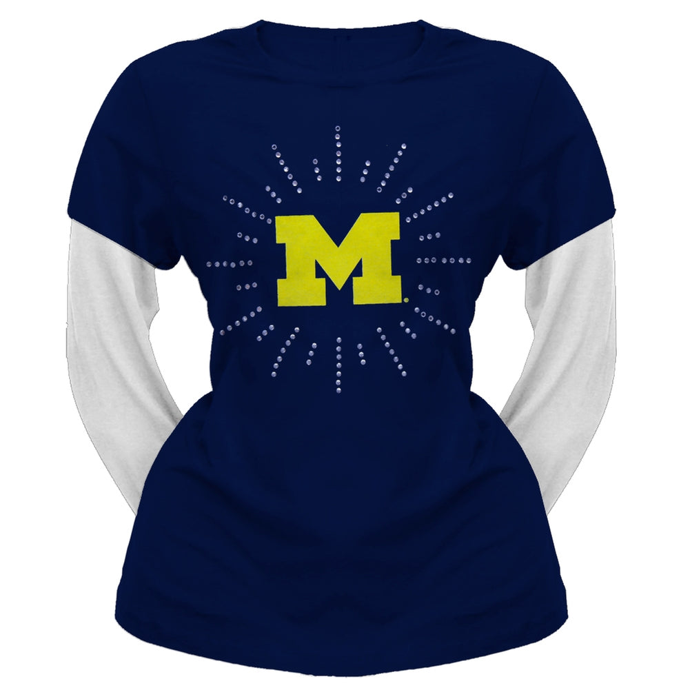 Michigan Wolverines - Rhinestone Ray Girls Youth 2Fer Long Sleeve T-Shirt Youth Long Sleeves Michigan Wolverines 20 Blue 