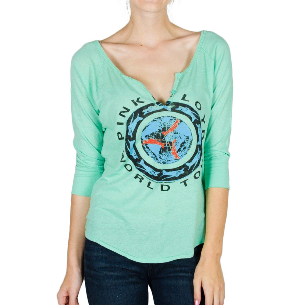 Pink Floyd - Still First In Space World Tour Juniors Henley Juniors Henleys Pink Floyd SM Light Green