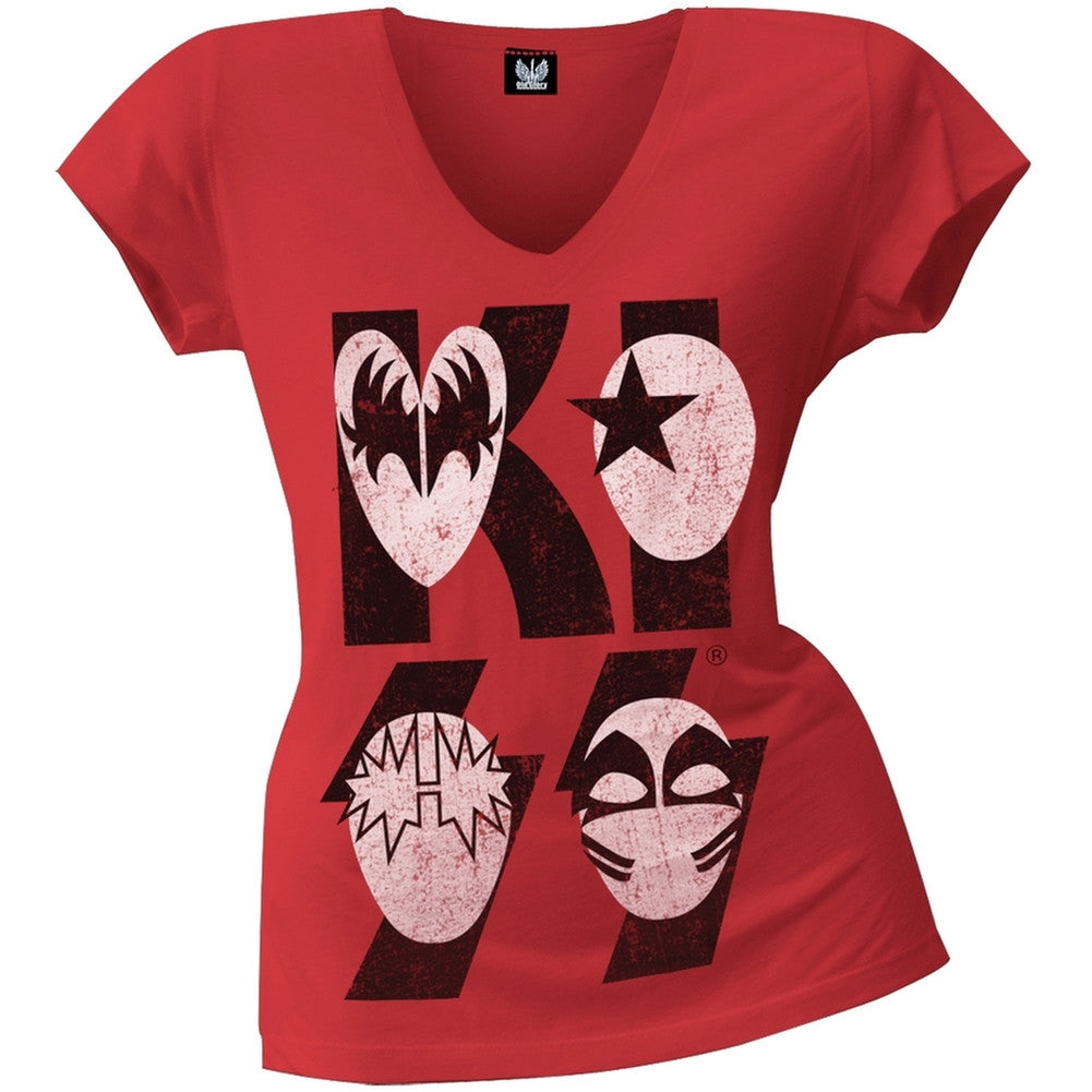 Kiss - Cartoon Mask Logo V-Neck Juniors T-Shirt Juniors T-Shirts Kiss SM Red