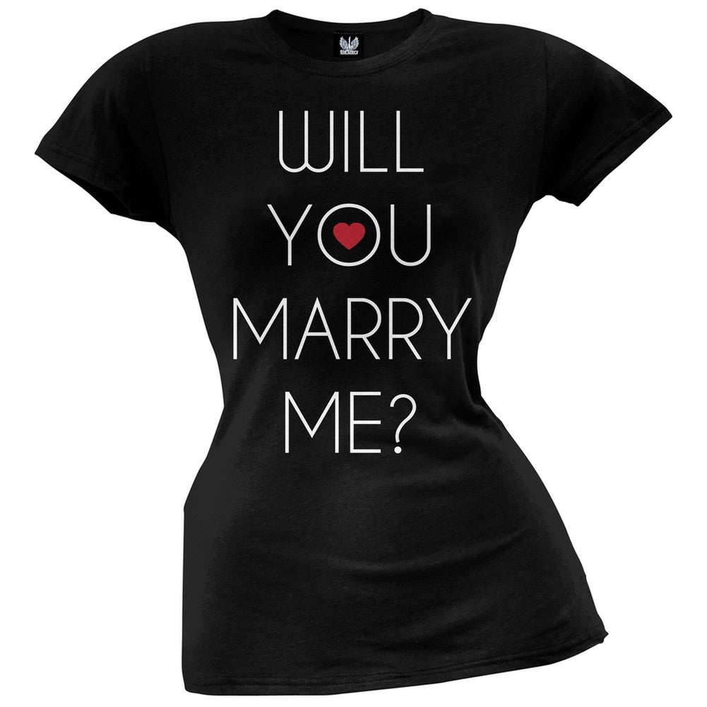 Valentine's Day Will You Marry Me? Black Juniors V-Neck T-Shirt Juniors T-Shirts Old Glory   