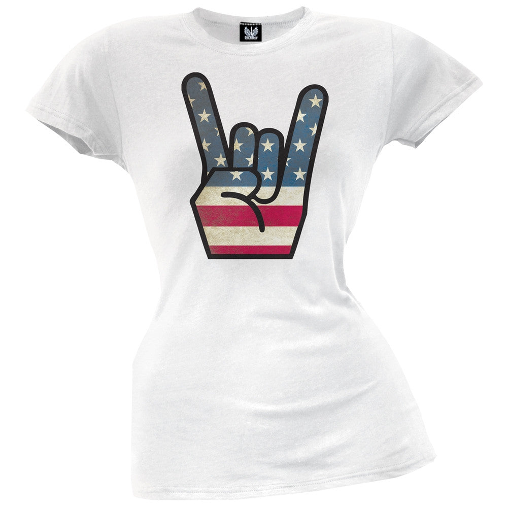 Rock On Flag Hand Juniors T-Shirt Juniors T-Shirts Old Glory   