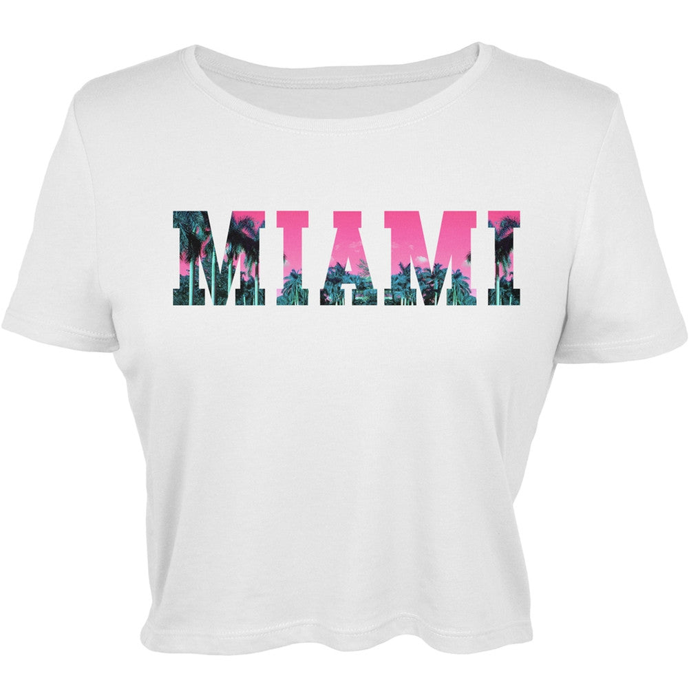 Miami Juniors White Crop Top Graphic Tee Juniors Tank Tops Old Glory   