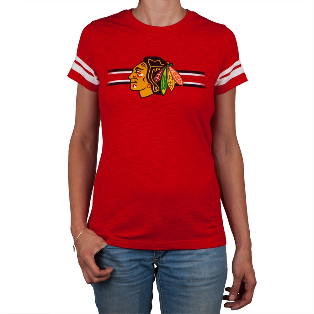 Chicago Blackhawks - Bar Stripe Logo Juniors Jersey T-Shirt Juniors T-Shirts Chicago Blackhawks 2XL Red 