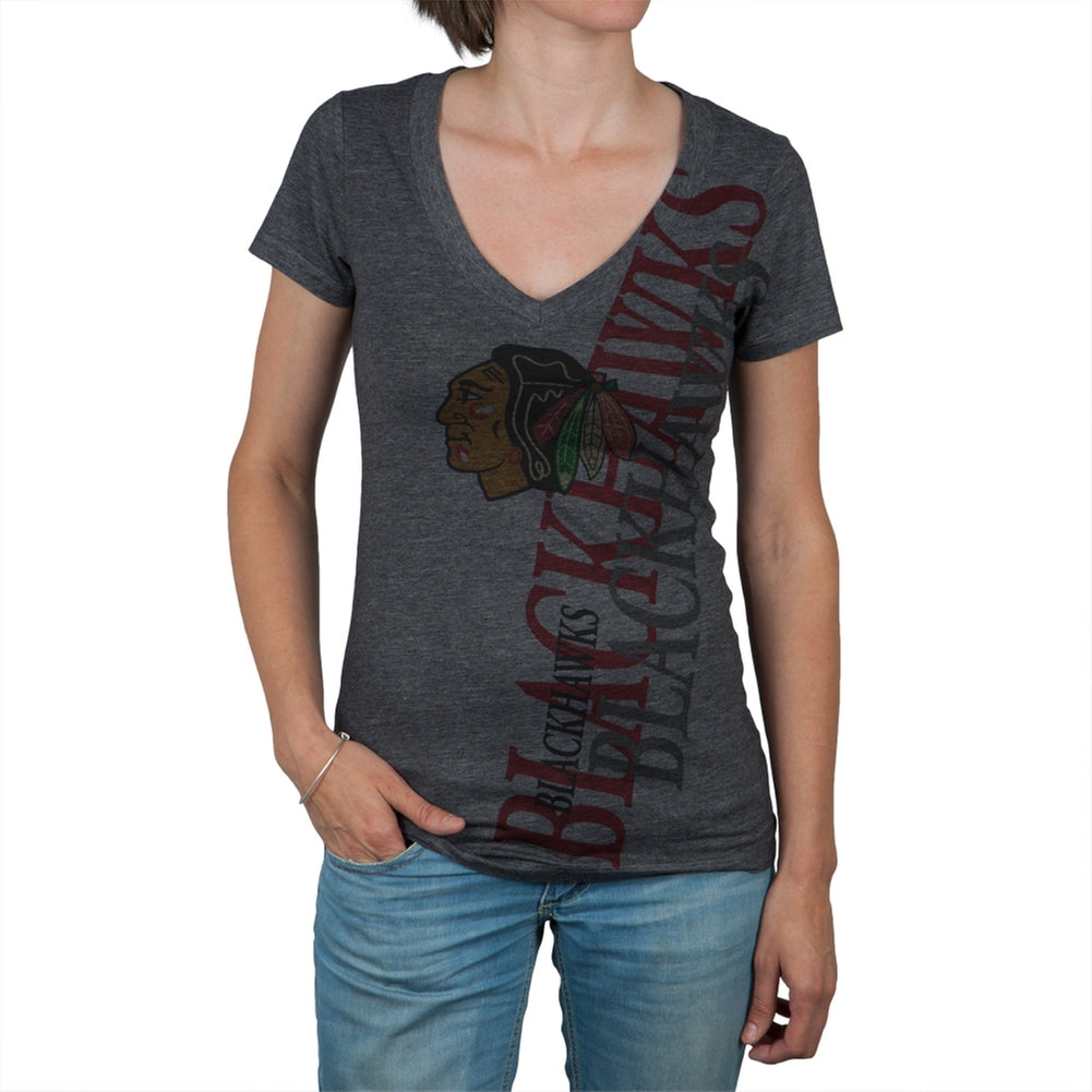 Chicago Blackhawks - Three Peat Juniors V-Neck T-Shirt Juniors T-Shirts Chicago Blackhawks 2XL Grey