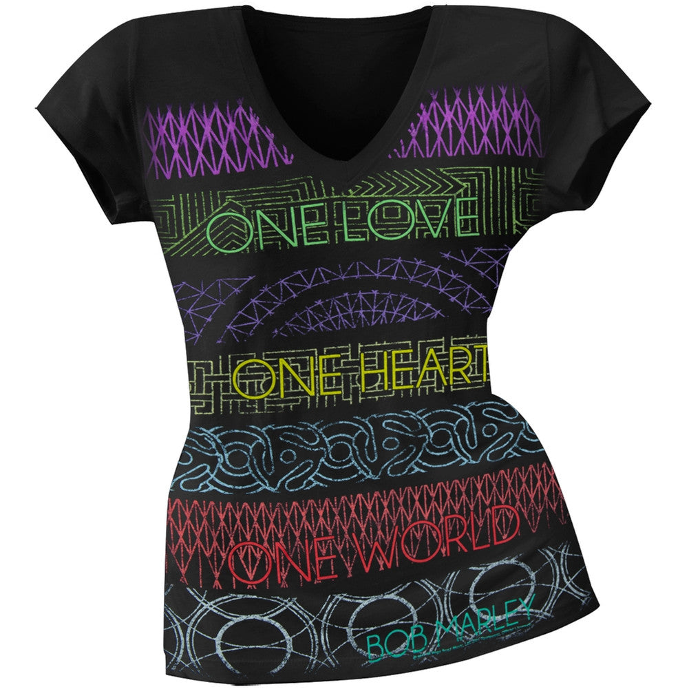 Bob Marley - One Love One Heart One World Juniors V-Neck T-Shirt Juniors T-Shirts Bob Marley SM Black 