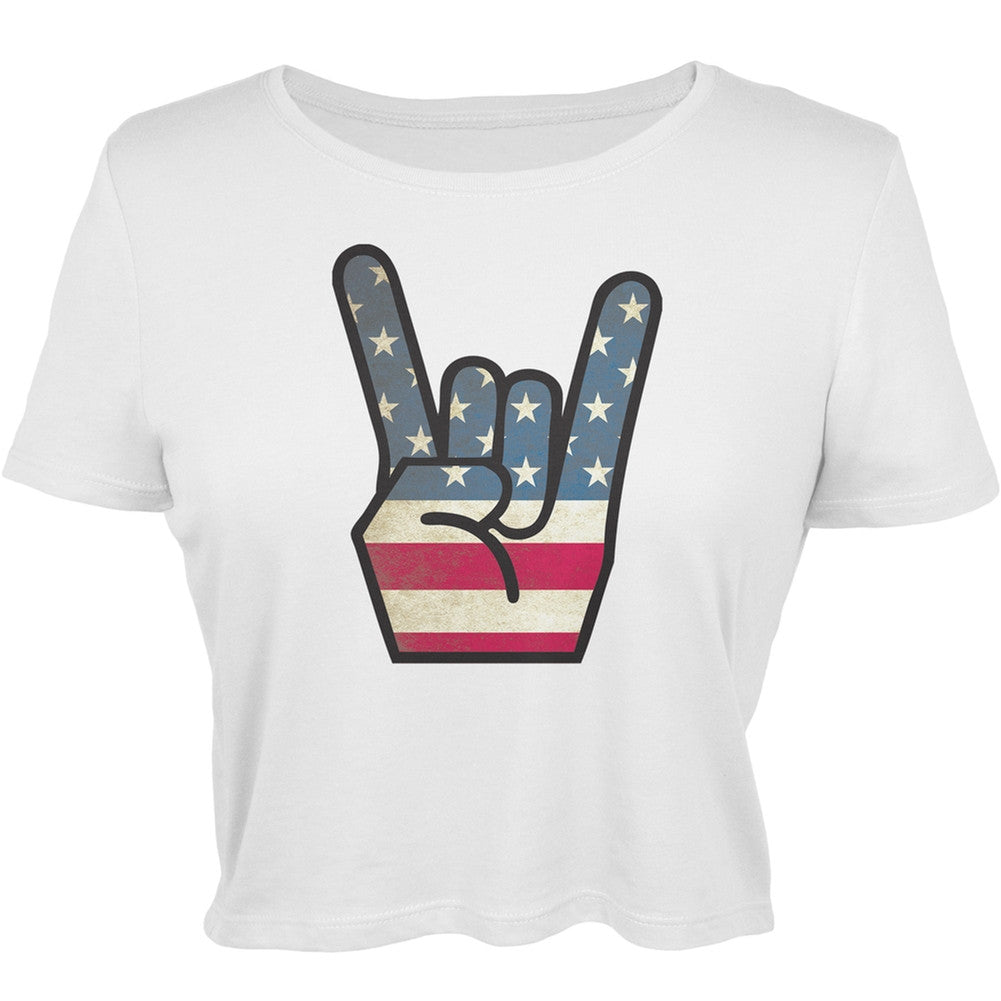 Rock On Flag Hand Juniors Crop Top Graphic Tee Juniors T-Shirts Old Glory   