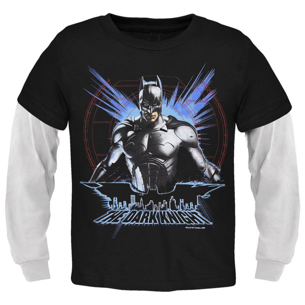 Batman - Dark Knight Over City Juvy 2fer Long Sleeve T-Shirt Juvenile Long Sleeves Batman 4 Black