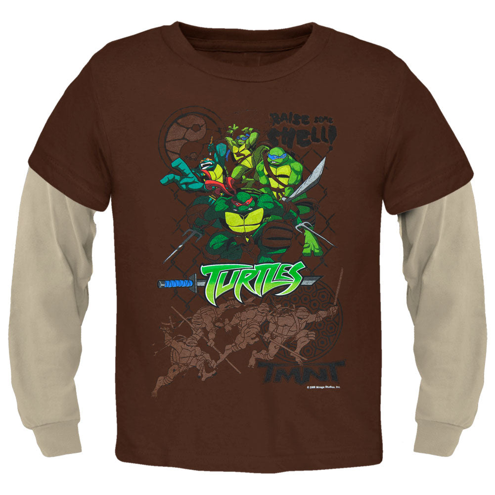 Teenage Muntant Ninja Turtles - Raise Some Shell Juvy 2fer Long Sleeve T-Shirt Juvenile Long Sleeves Teenage Mutant Ninja Turtles J4 Brown 