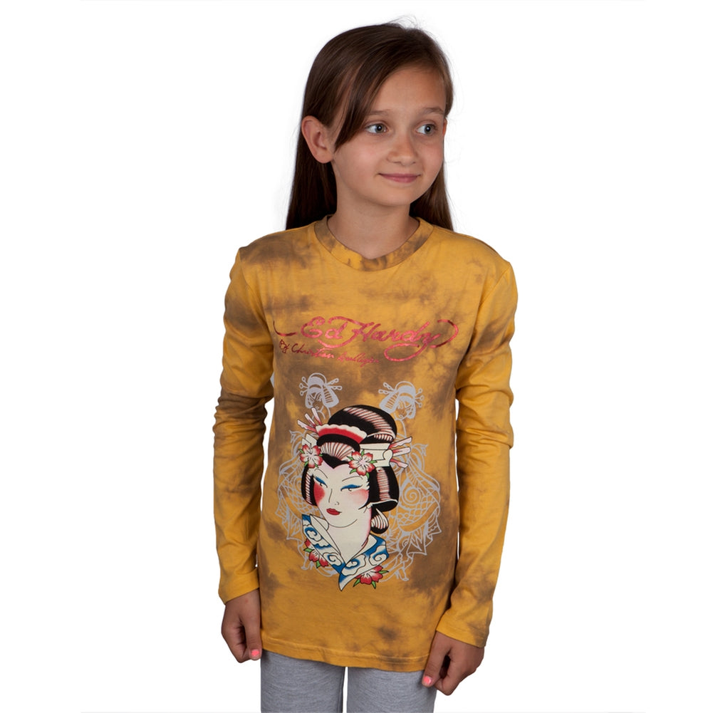 Ed Hardy - Geisha In Koi Veil Girl's Youth Long Sleeve Graphic Tee Youth Long Sleeves Ed Hardy SM