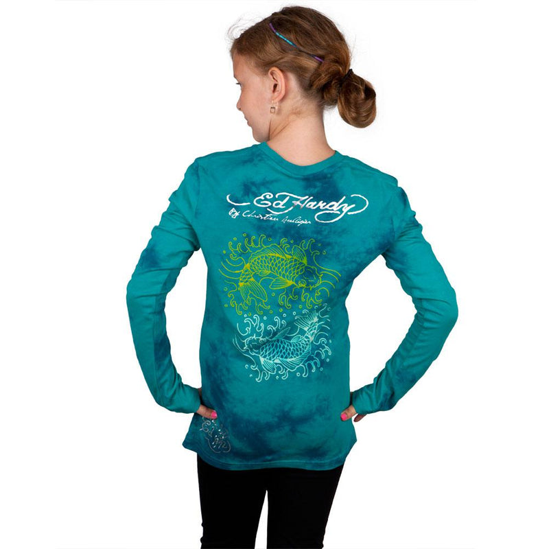 Ed Hardy - Two Koi Fish Swimming Girls Youth Long Sleeve Youth Long Sleeves Ed Hardy   