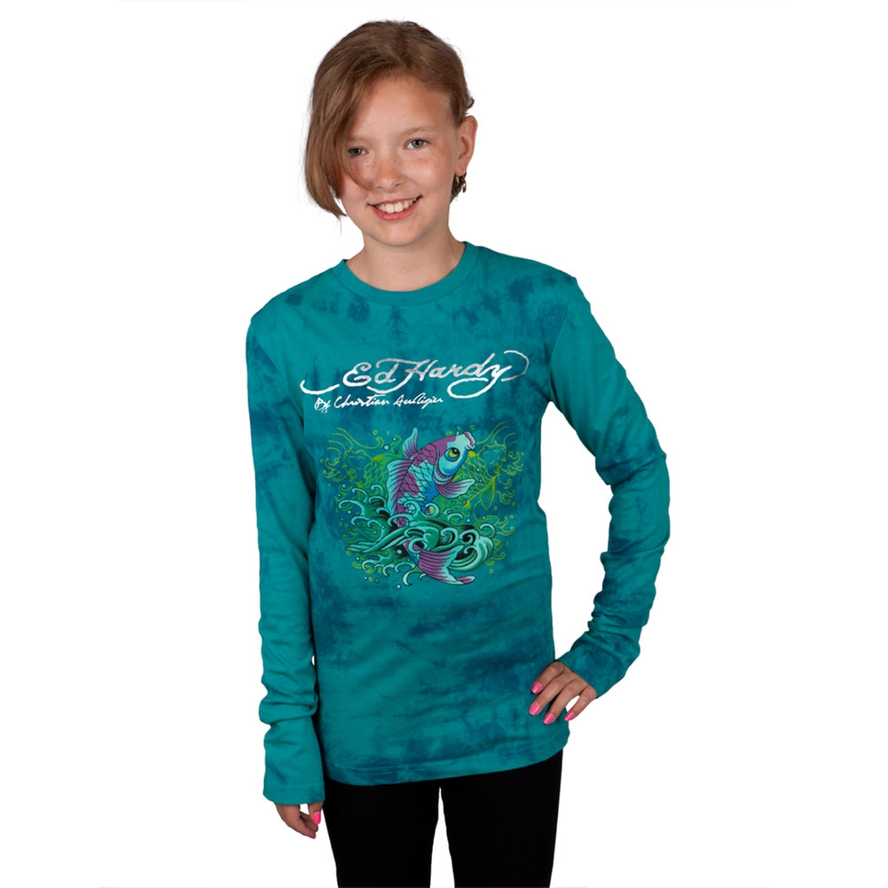 Ed Hardy - Two Koi Fish Swimming Girls Youth Long Sleeve Youth Long Sleeves Ed Hardy LG Blue 