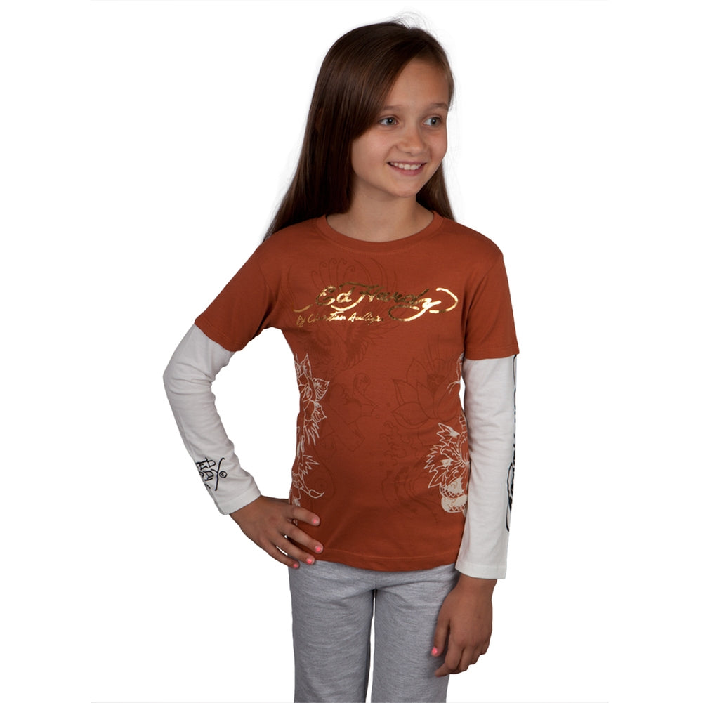 Ed Hardy - Side Skull Stencil Girls Juvy 2fer Long Sleeve T-Shirt Juvenile Long Sleeves Ed Hardy J4/5 Brown 