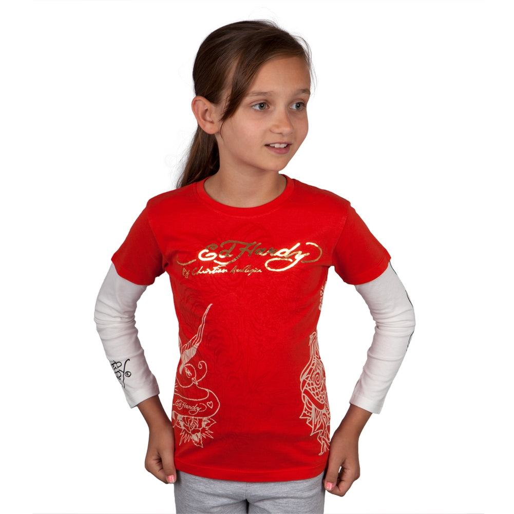 Ed Hardy - Side Koi Fish Stencil Girls Juvy 2fer Long Sleeve T-Shirt Juvenile Long Sleeves Ed Hardy J4/5 Red